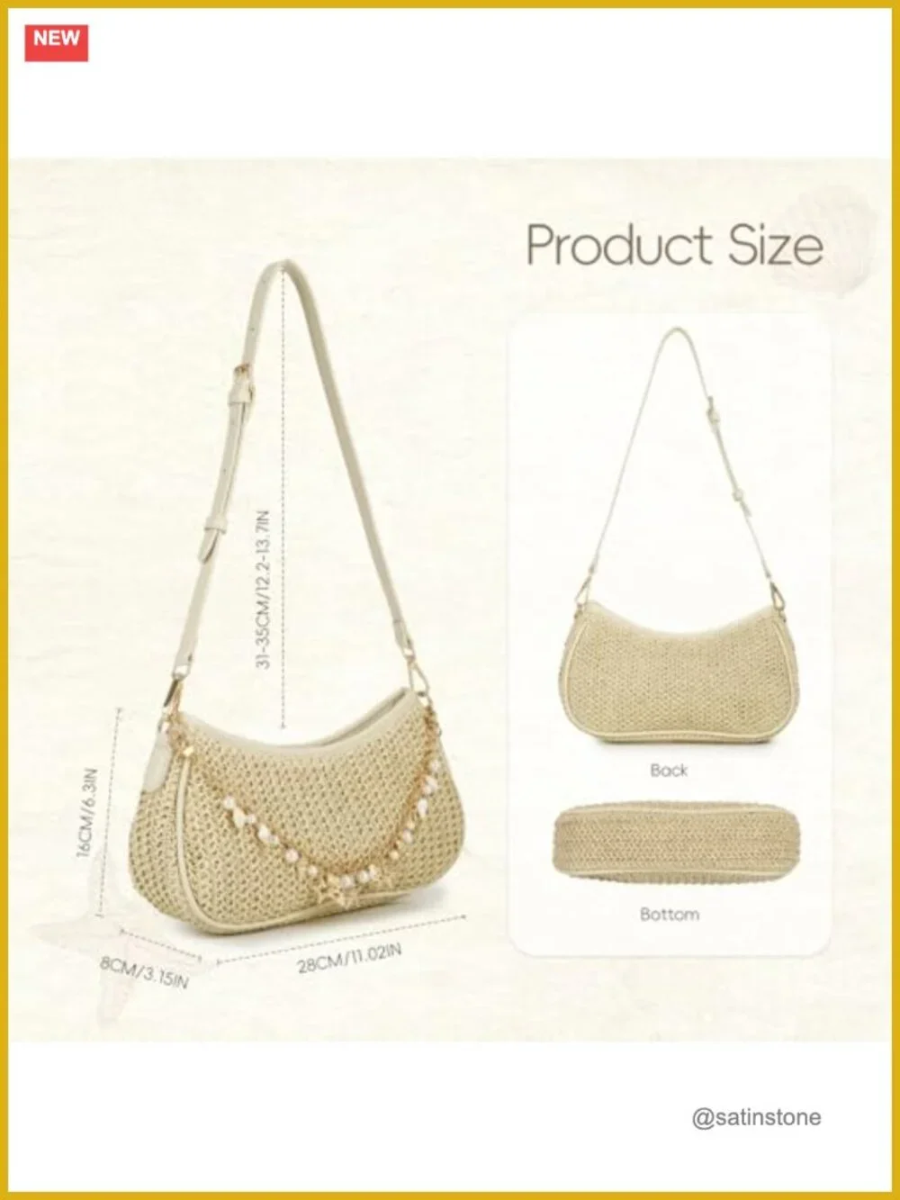 Woven Raffia Hobo Bag with Seashell Charm Chain, Adjustable Strap